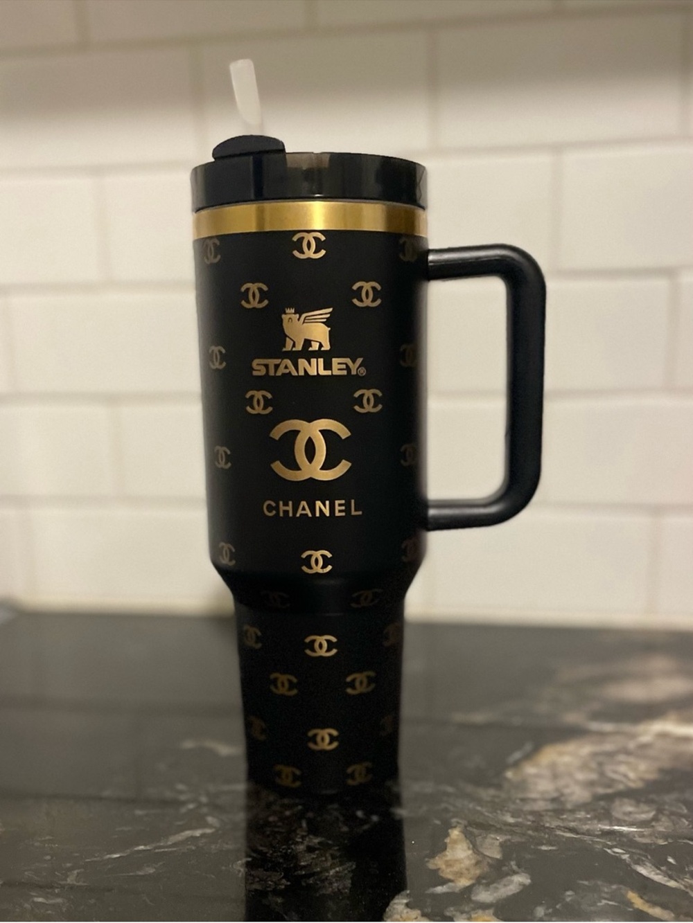 Stanley Black and Gold Logo Insulated Tumbler with Handle